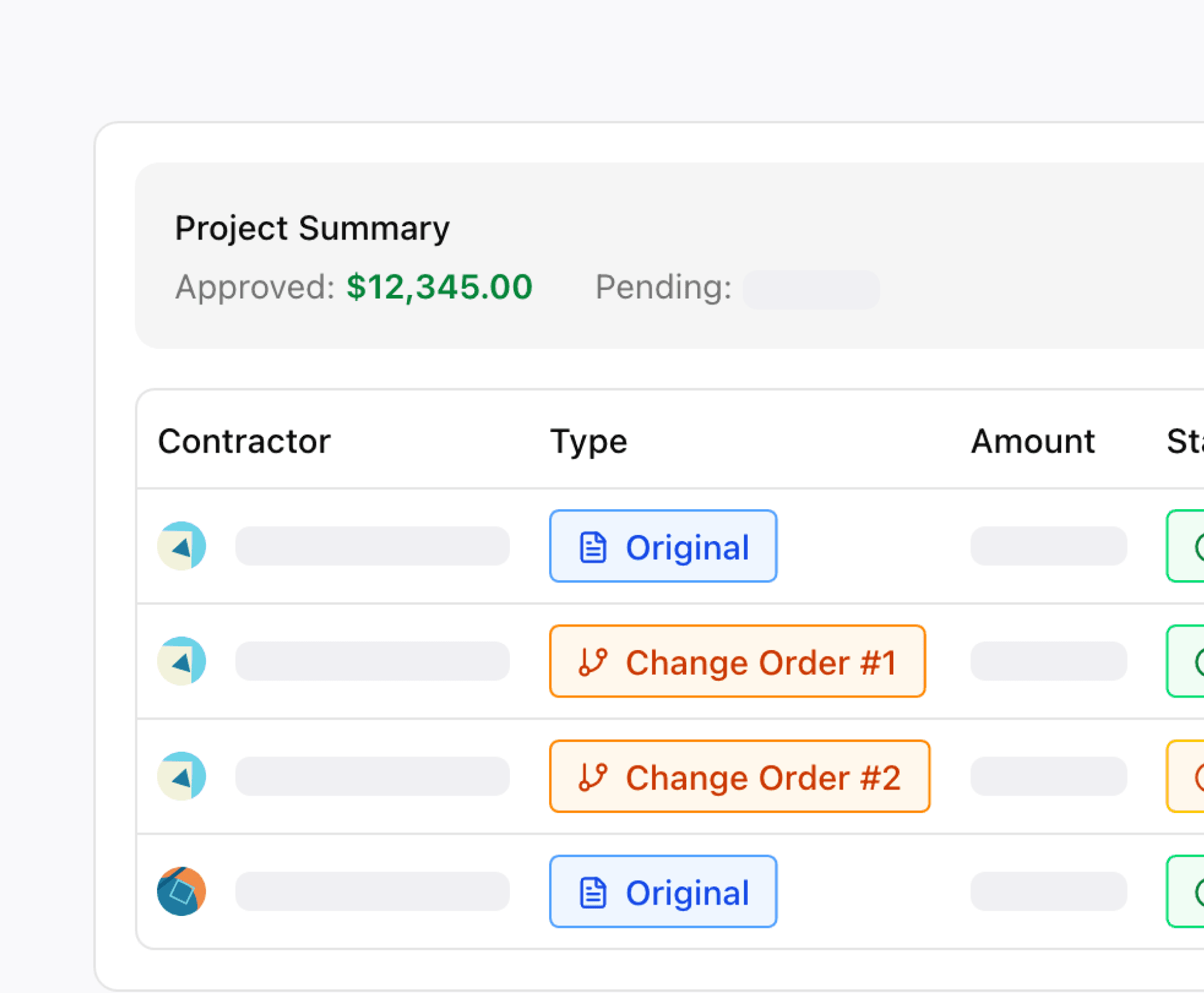 Quote management interface showing project summary with approved amounts and quote types